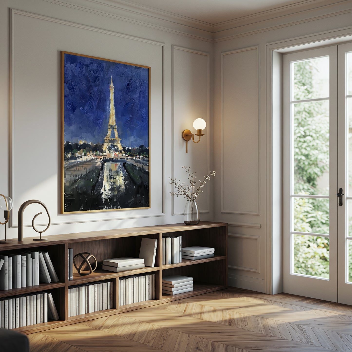 Eiffel Tower at Night Canvas Wall Art, Paris Landmark Painting, Impressionist Cityscape, Blue and Gold Modern Home Decor, Framed Artwork for Living Room or Bedroom