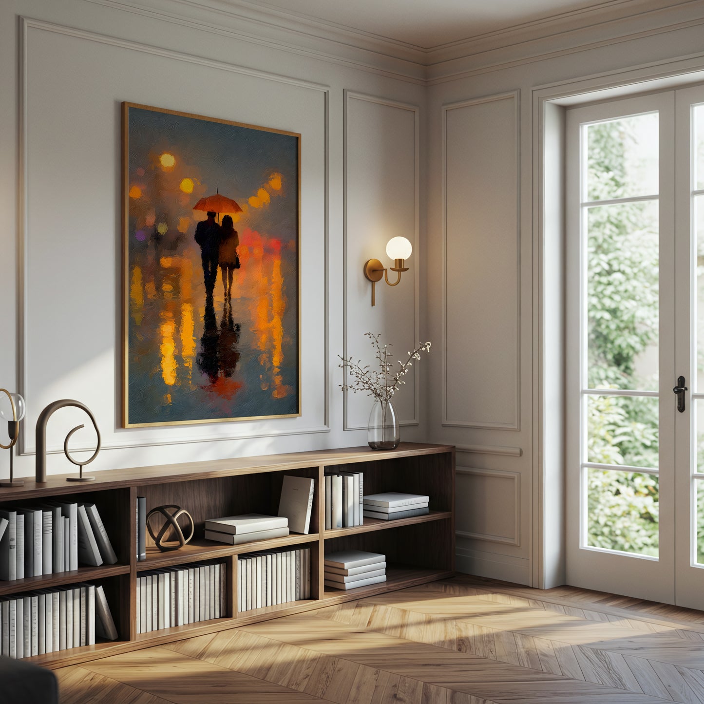 Romantic Couple Under Red Umbrella Canvas Wall Art, City Lights Abstract Painting, Modern Home Decor, Framed Artwork for Living Room or Bedroom