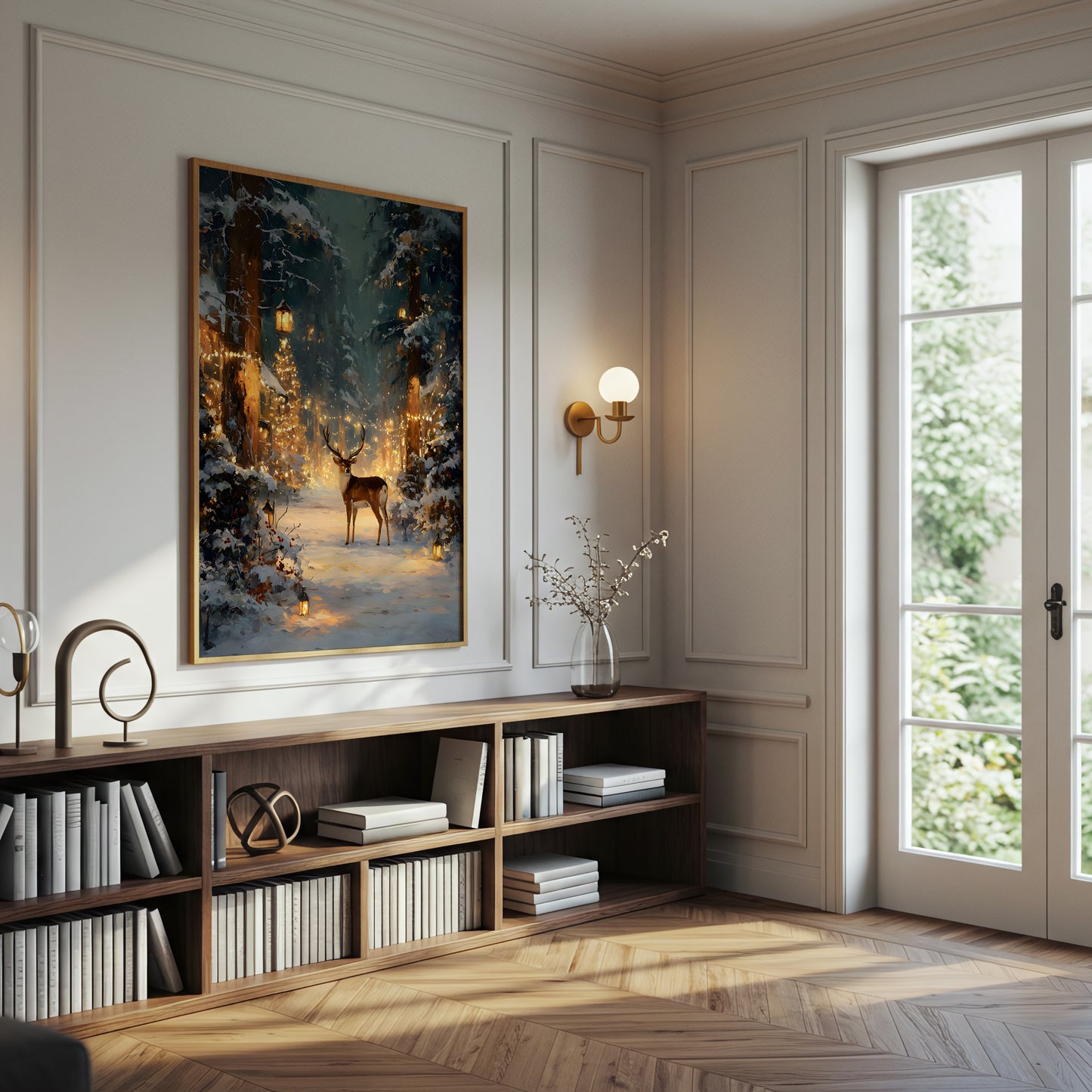 Enchanted Winter Forest with Deer, Holiday Lights, Canvas Wall Art, Snowy Woodland Scene, Festive Christmas Home Decor, Framed Modern Artwork