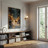 Enchanted Winter Forest with Deer, Holiday Lights, Canvas Wall Art, Snowy Woodland Scene, Festive Christmas Home Decor, Framed Modern Artwork