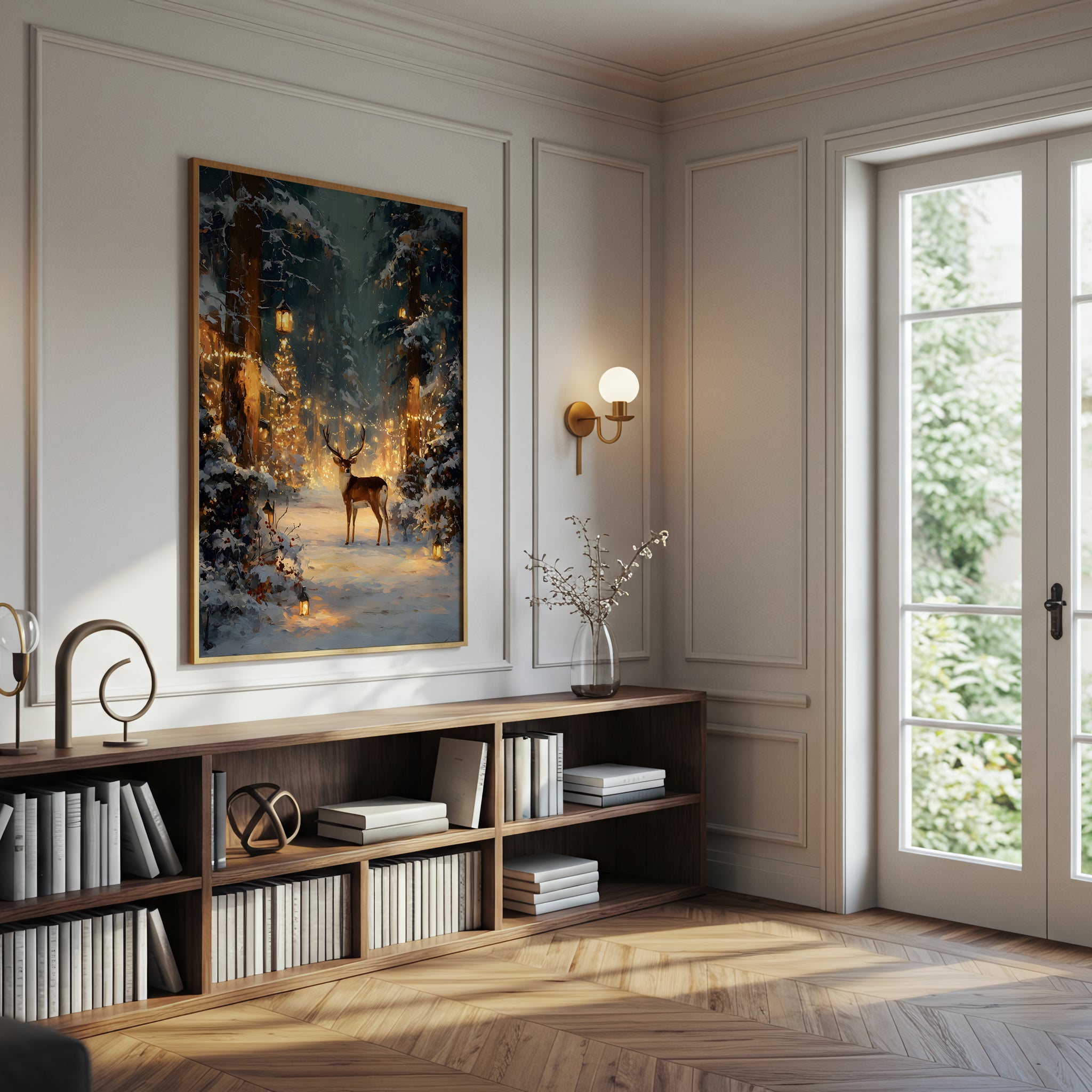 Enchanted Winter Forest with Deer, Holiday Lights, Canvas Wall Art, Snowy Woodland Scene, Festive Christmas Home Decor, Framed Modern Artwork