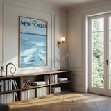 The New Yorker Cover Canvas Wall Art, Shark Illustration, Ocean Humor Decor, Modern Framed Print, Unique Living Room Art