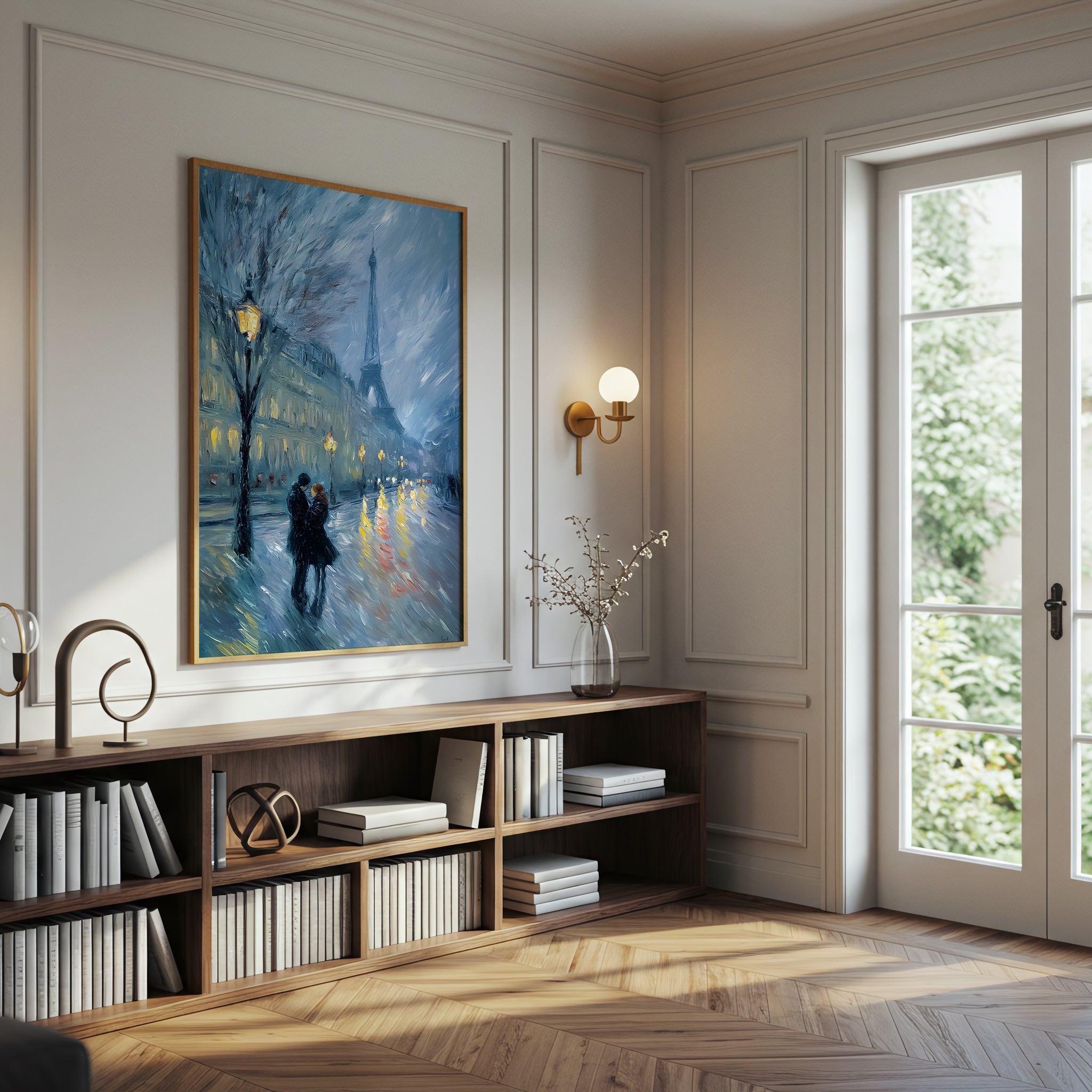 Paris Romance at Night Canvas Wall Art, Eiffel Tower Cityscape Painting, Impressionist Couple Under Streetlights, Modern Home Decor