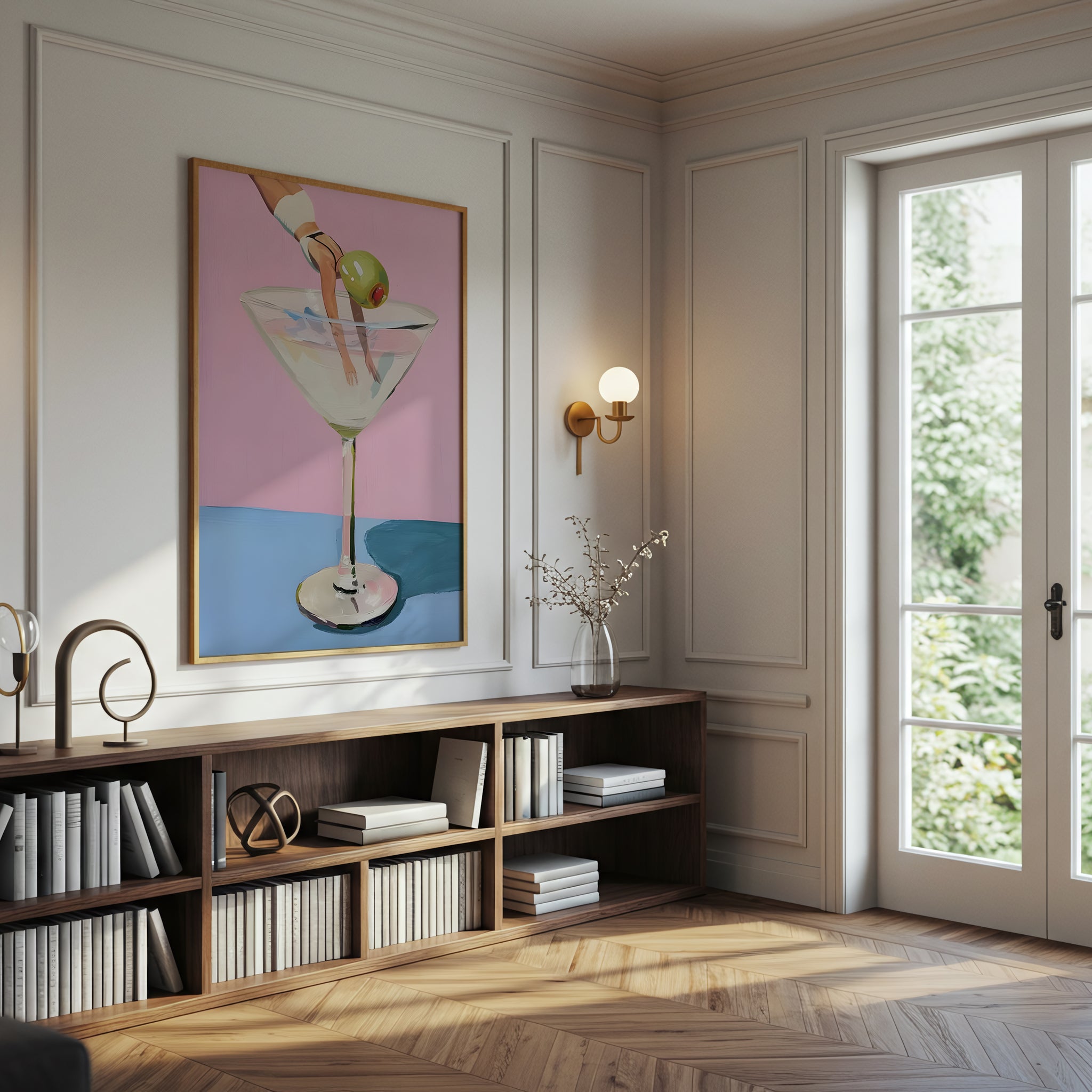 Diver Martini Canvas Wall Art, Modern Surreal Cocktail Painting, Whimsical Home Decor, Pink and Blue Art Print, Framed Art for Living Room or Bar