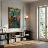 New York Skyline Canvas Wall Art, Statue of Liberty Wall Decor, Retro Cityscape Artwork, Modern Urban Home Accent
