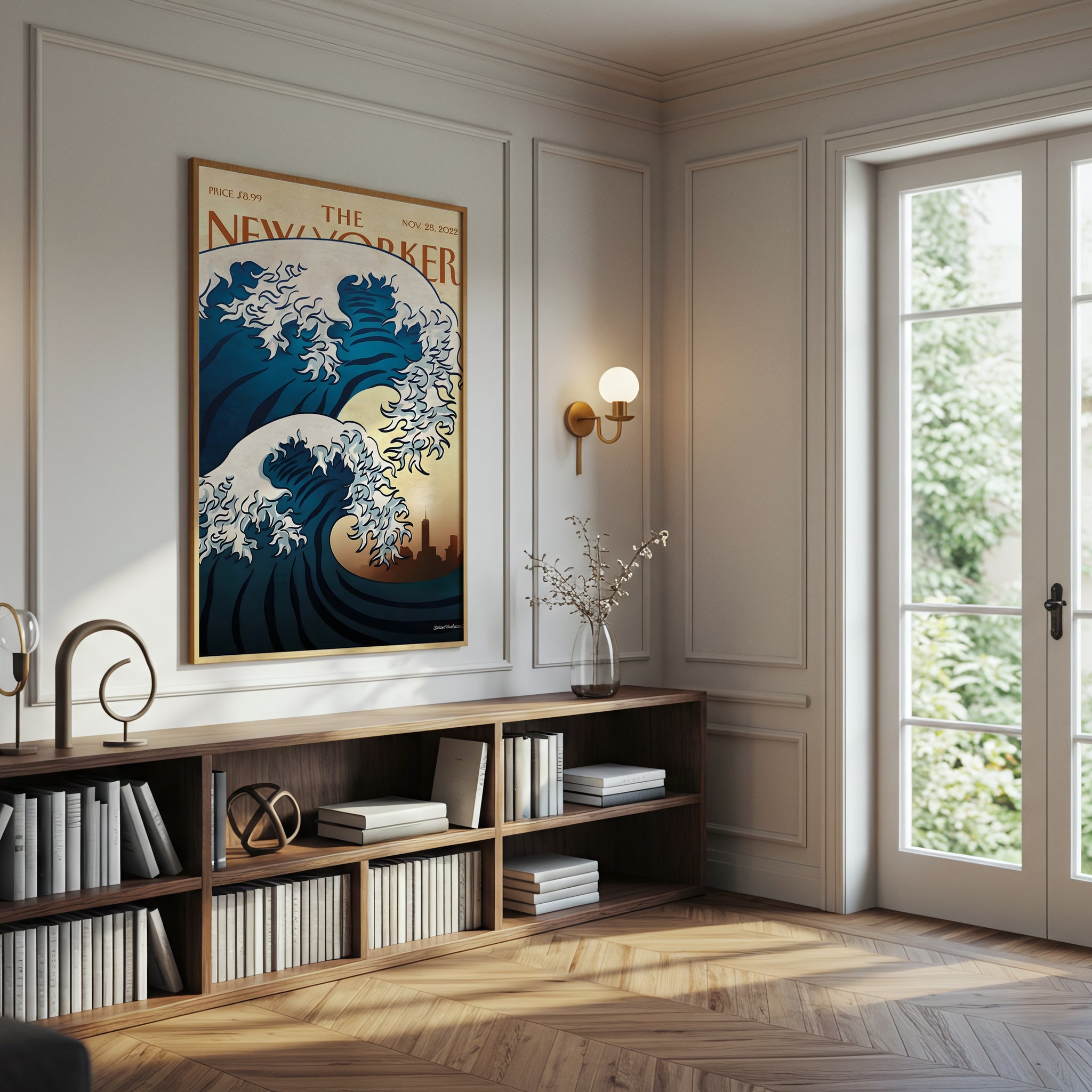 The New Yorker Magazine Cover Canvas Wall Art, Great Wave Modern Ocean Print, Japanese Art Inspired, Framed Ready to Hang, Blue Sea Wall Decor, Living Room Office Home Decoration