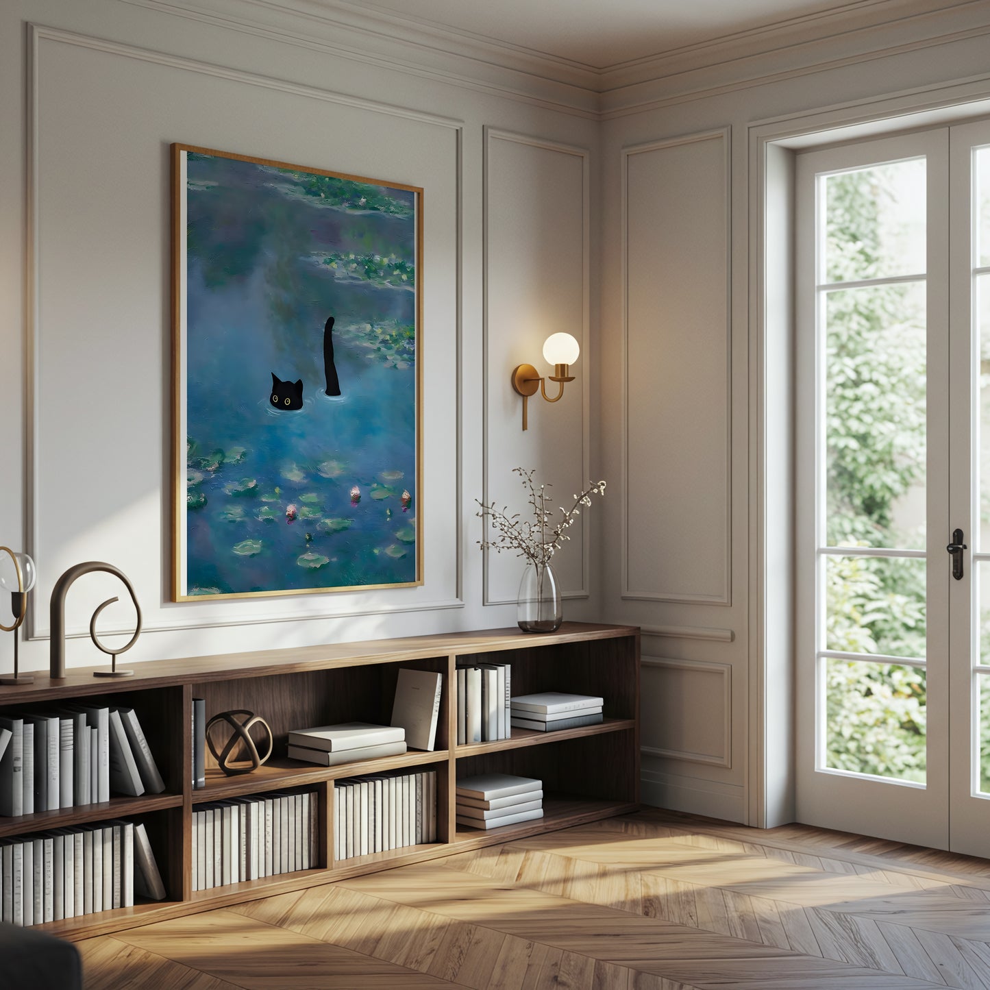 Black Cat in Water, Contemporary Whimsical Canvas Wall Art, Cute Animal Decor, Monet Inspired Lily Pond Artwork, Modern Home Accent