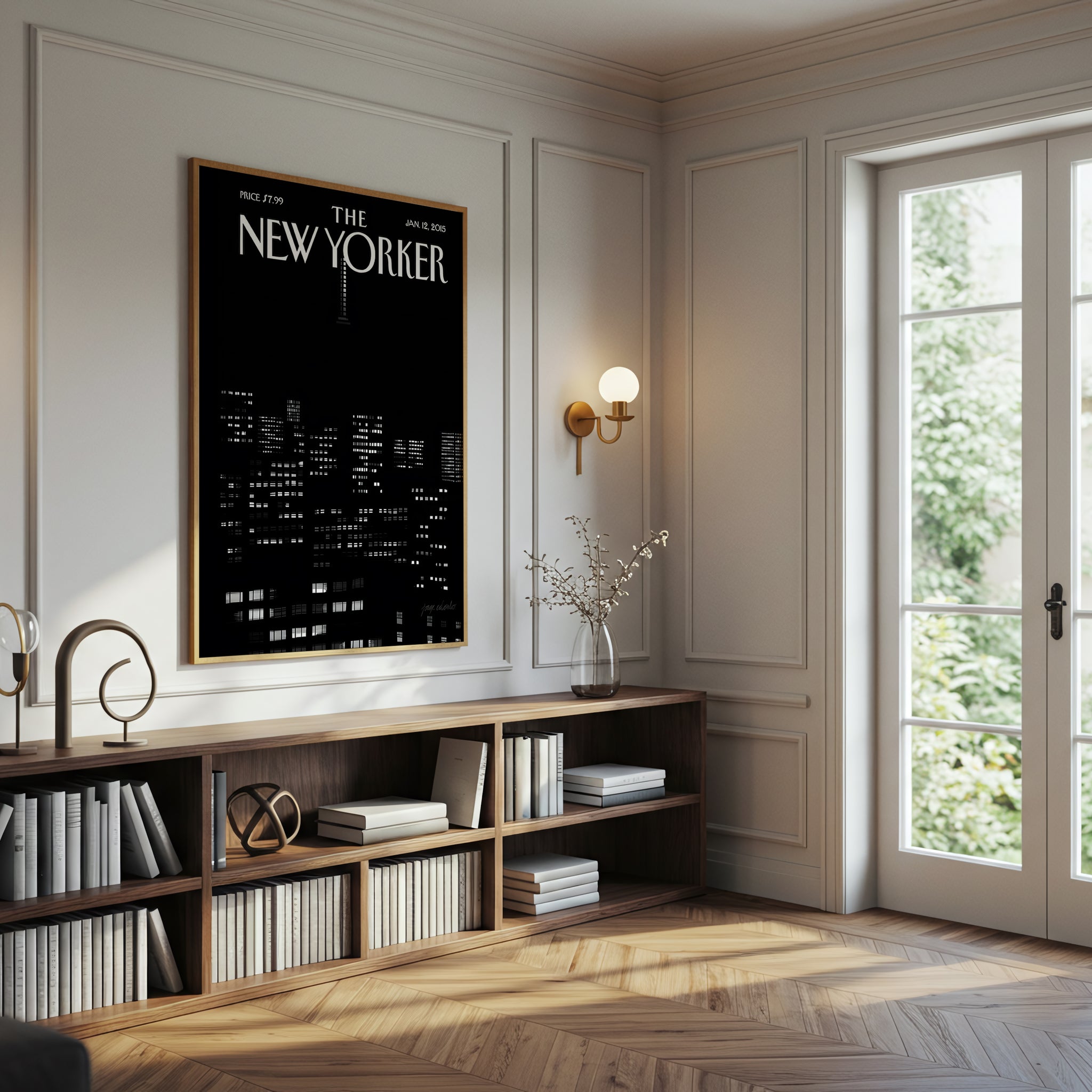 The New Yorker City Skyline Canvas Wall Art, Modern Black and White Urban Night Print, Contemporary Living Room Decor, Framed Wall Art for Home and Office