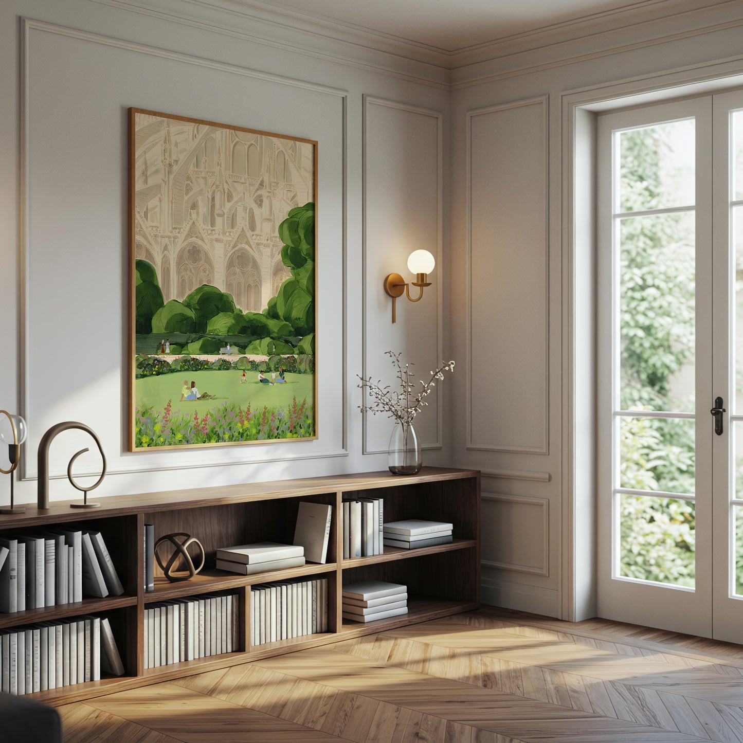 Notre Dame Park Scene Canvas Wall Art, Paris Landmark Decor, Botanical Landscape Print, Modern French Art for Living Room, Framed Canvas Wall Art, Elegant Gothic Cathedral Design