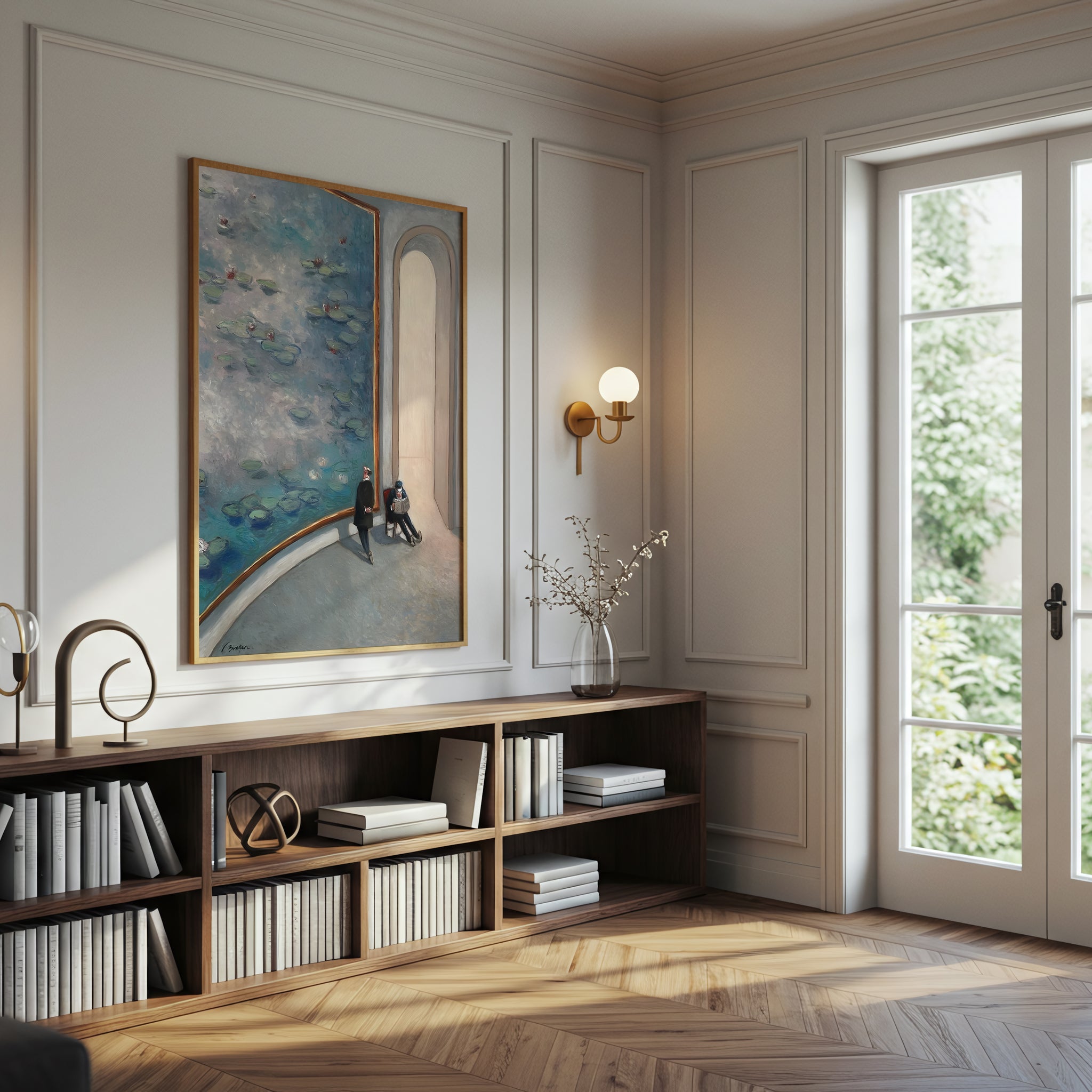 Gallery Room Scene with Large Water Lilies Canvas Wall Art, Modern Art Museum Decor, Impressionist Inspired Wall Art, Framed Home Decoration