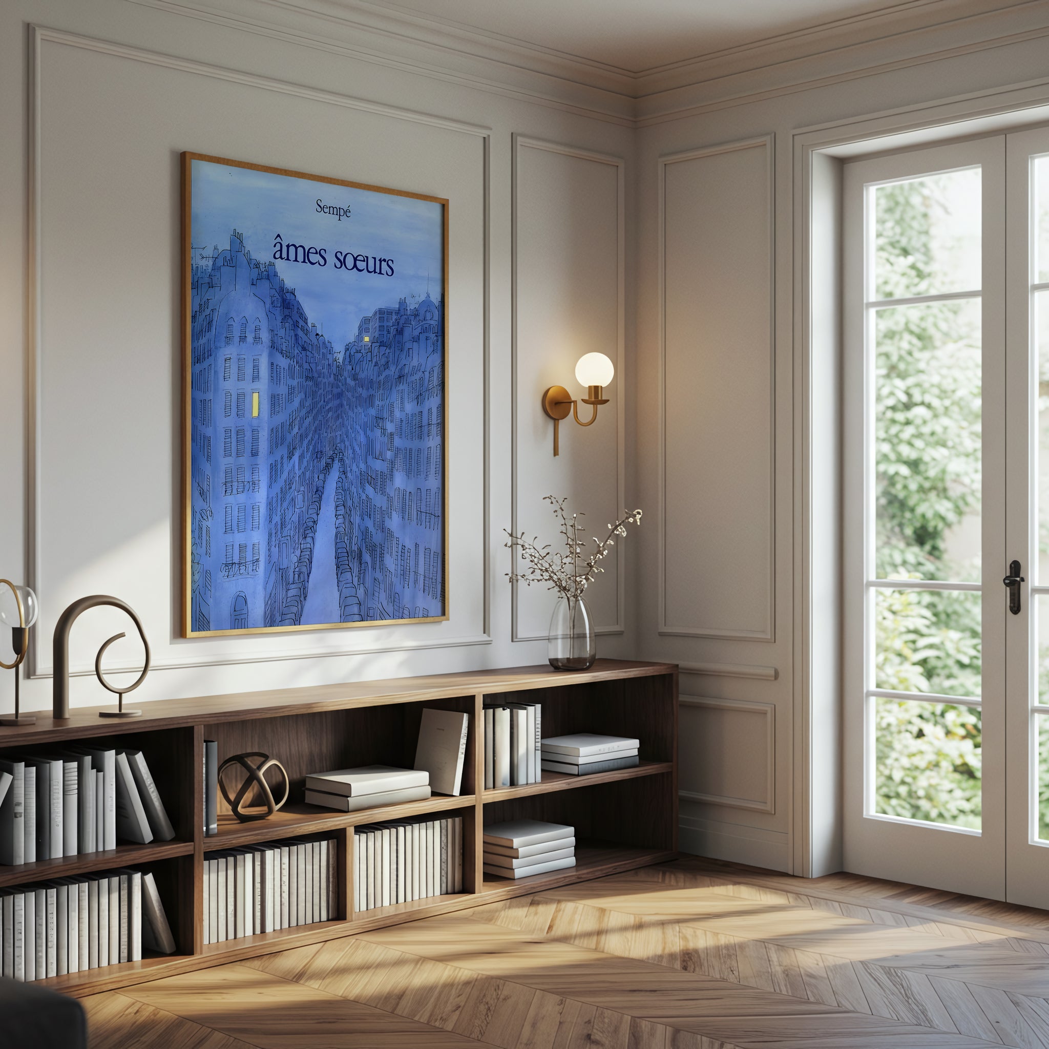 Paris Blue Cityscape Canvas Wall Art, Sempé Illustration, French Street Decor, Soulmates Wall Print, Urban Romantic Gift, Modern Home Accent