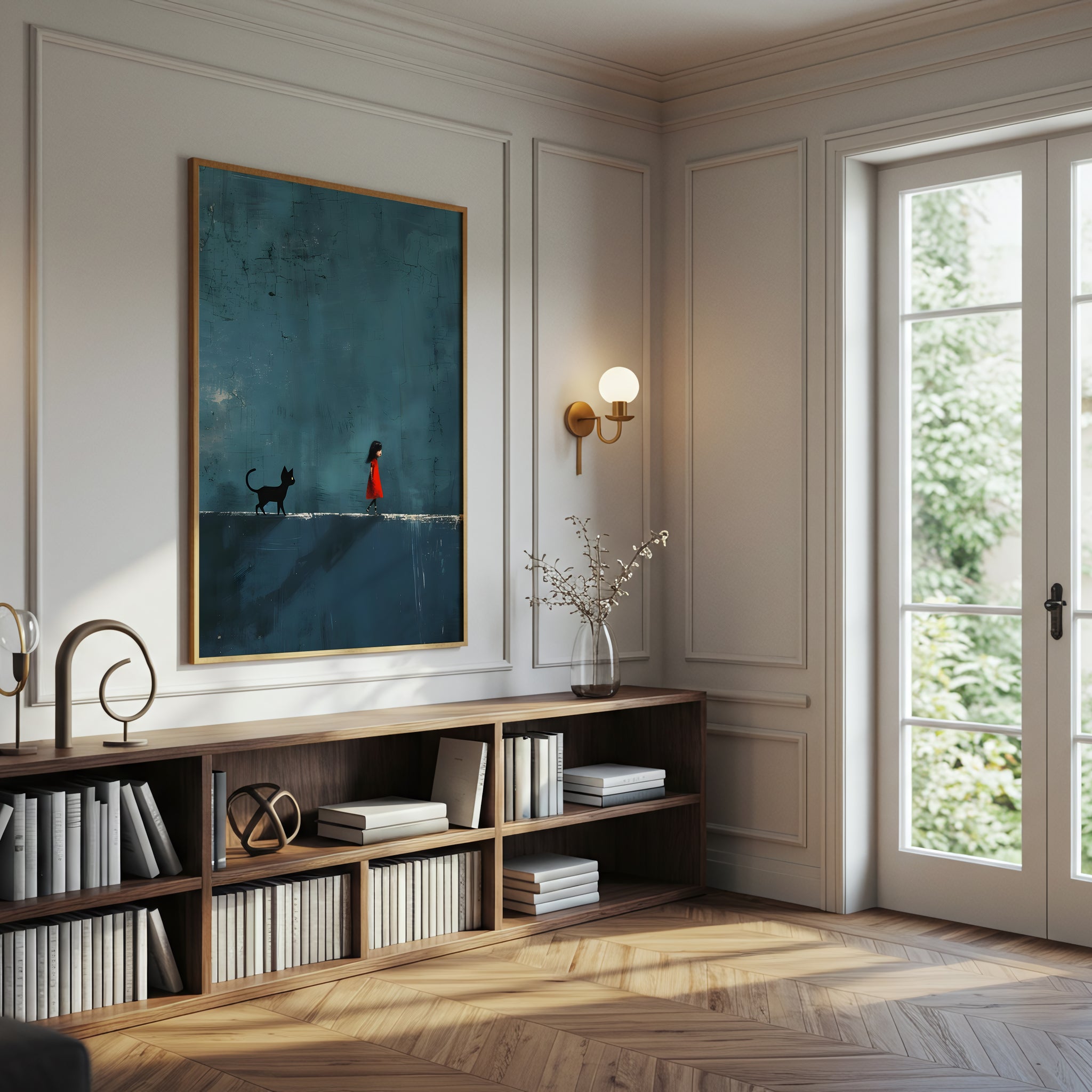 Girl and Cat Minimalist Canvas Wall Art, Whimsical Blue Abstract Painting, Modern Home Decor, Framed Canvas Wall Art, Unique Gift for Cat Lovers