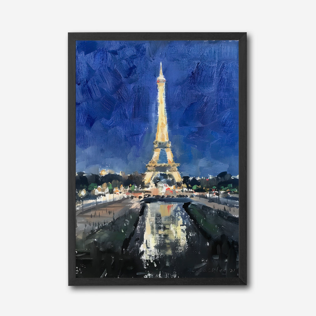 Eiffel Tower at Night Canvas Wall Art, Paris Landmark Painting, Impressionist Cityscape, Blue and Gold Modern Home Decor, Framed Artwork for Living Room or Bedroom
