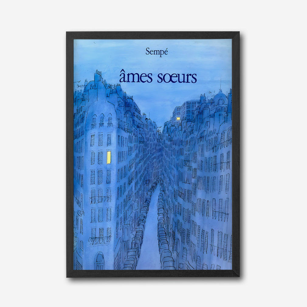 Paris Blue Cityscape Canvas Wall Art, Sempé Illustration, French Street Decor, Soulmates Wall Print, Urban Romantic Gift, Modern Home Accent