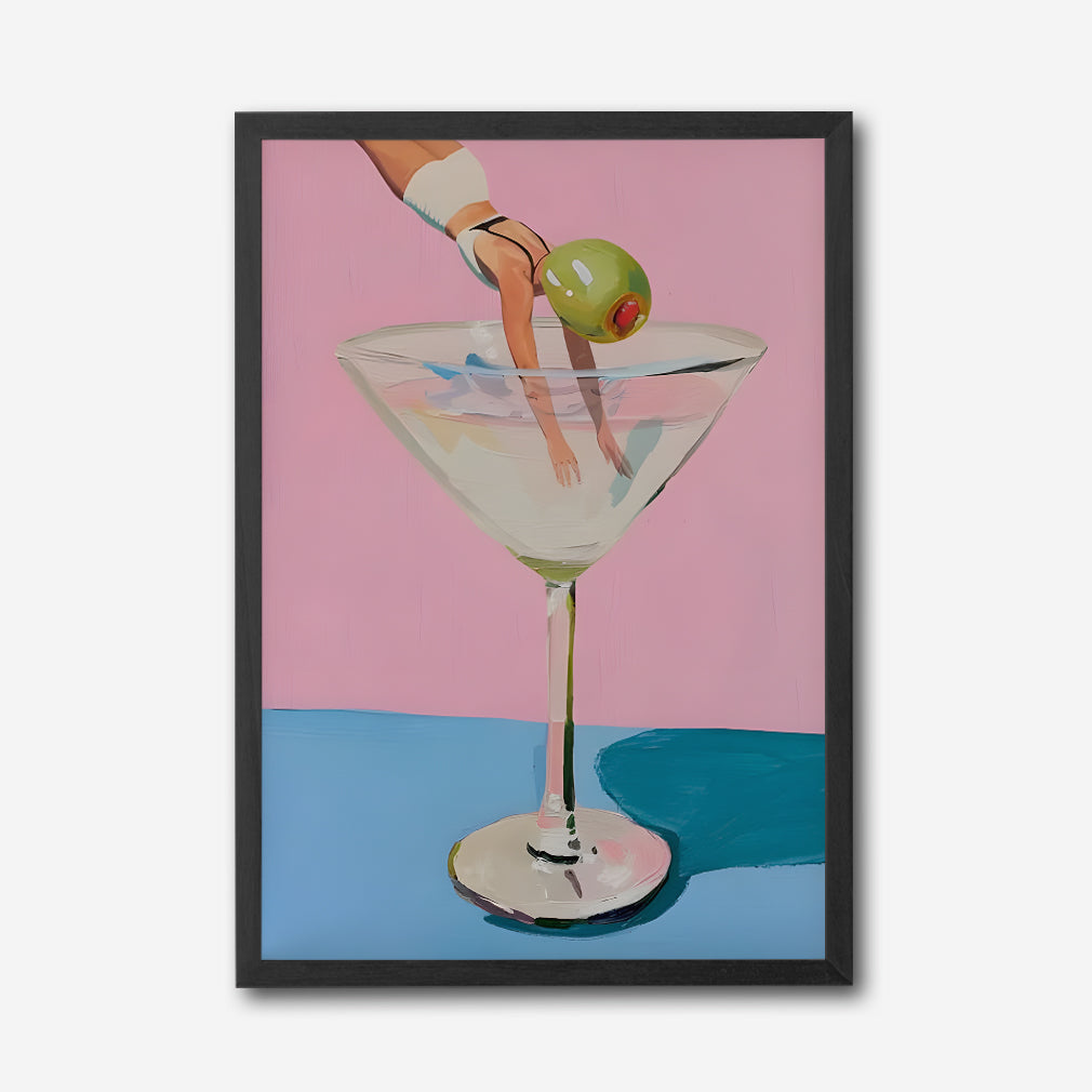 Diver Martini Canvas Wall Art, Modern Surreal Cocktail Painting, Whimsical Home Decor, Pink and Blue Art Print, Framed Art for Living Room or Bar