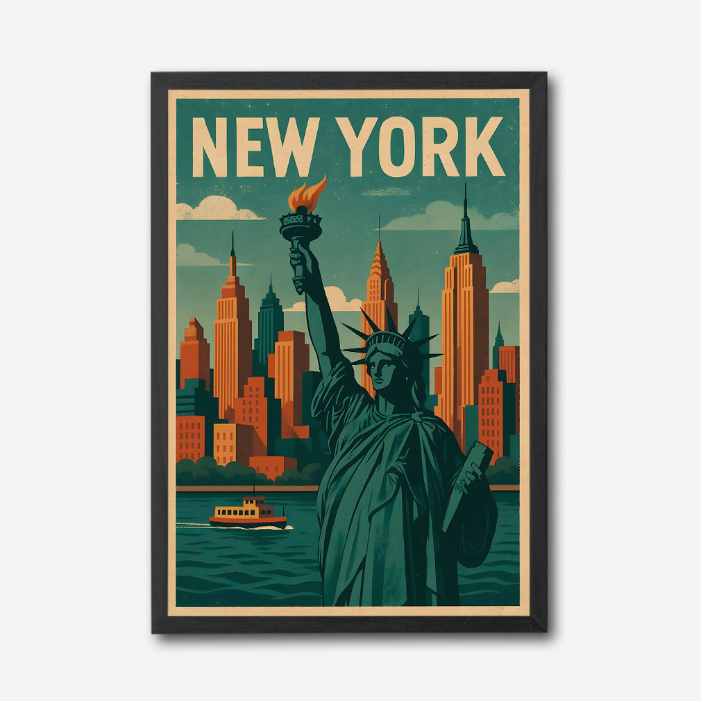 New York Skyline Canvas Wall Art, Statue of Liberty Wall Decor, Retro Cityscape Artwork, Modern Urban Home Accent