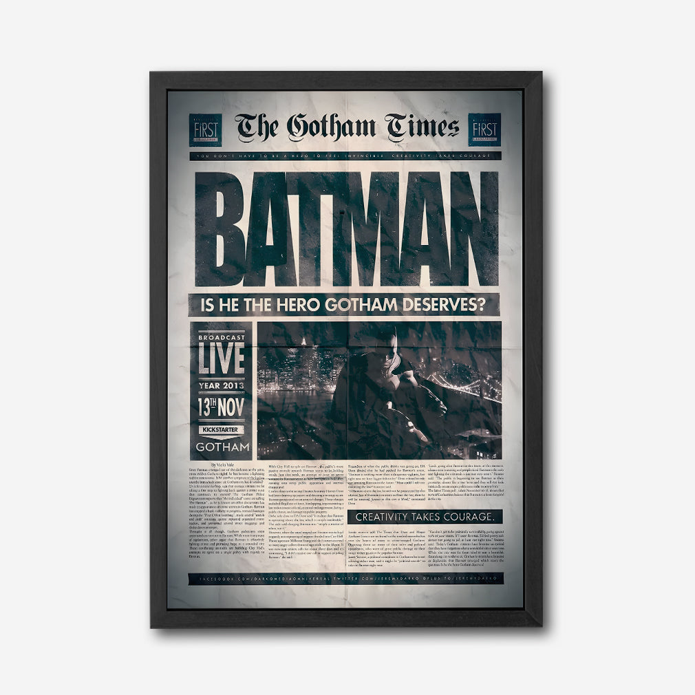 Batman Newspaper Poster Canvas Wall Art, Gotham Times Headline Print, Superhero Room Decor, Modern Comic Art, Framed Home Office Wall Decoration