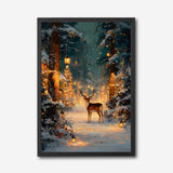 Enchanted Winter Forest with Deer, Holiday Lights, Canvas Wall Art, Snowy Woodland Scene, Festive Christmas Home Decor, Framed Modern Artwork