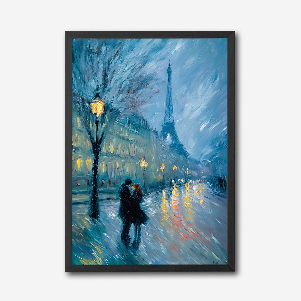 Paris Romance at Night Canvas Wall Art, Eiffel Tower Cityscape Painting, Impressionist Couple Under Streetlights, Modern Home Decor