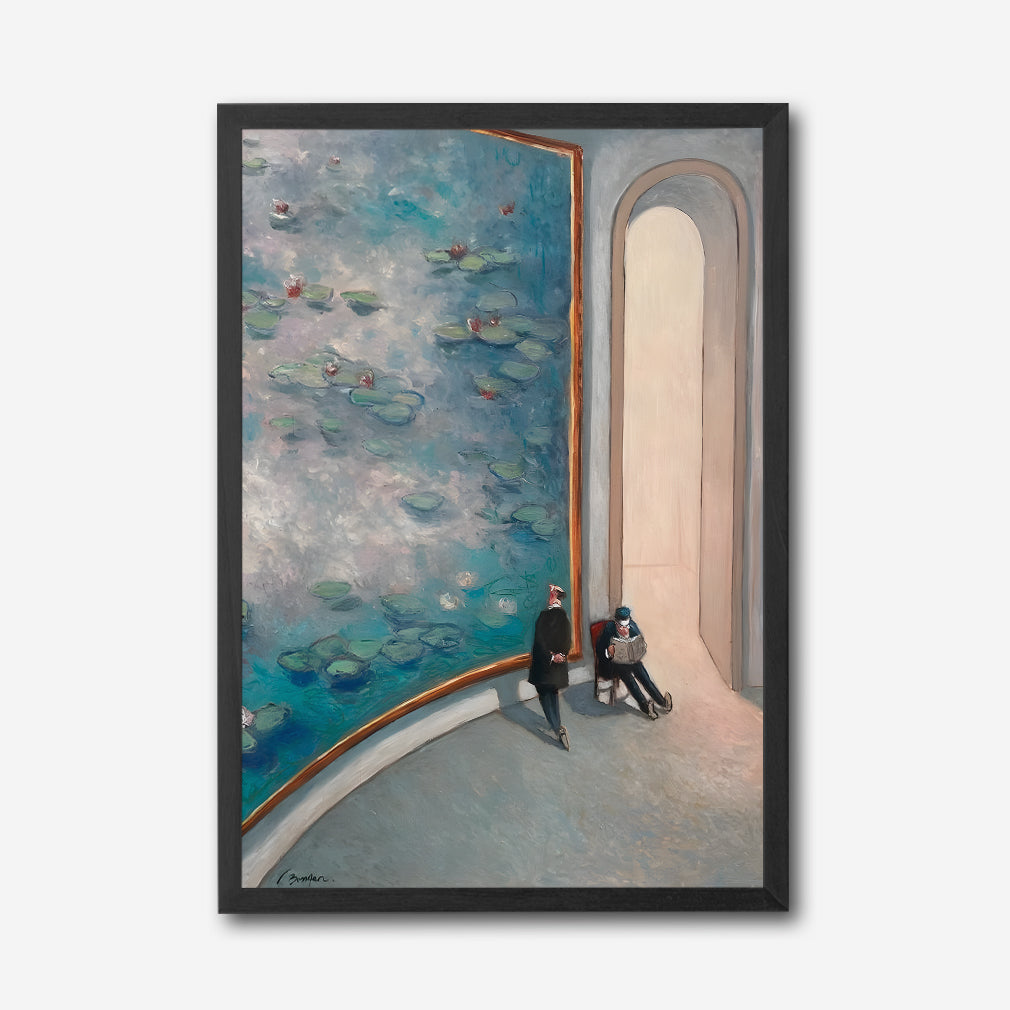 Gallery Room Scene with Large Water Lilies Canvas Wall Art, Modern Art Museum Decor, Impressionist Inspired Wall Art, Framed Home Decoration