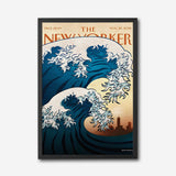 The New Yorker Magazine Cover Canvas Wall Art, Great Wave Modern Ocean Print, Japanese Art Inspired, Framed Ready to Hang, Blue Sea Wall Decor, Living Room Office Home Decoration