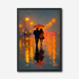 Romantic Couple Under Red Umbrella Canvas Wall Art, City Lights Abstract Painting, Modern Home Decor, Framed Artwork for Living Room or Bedroom