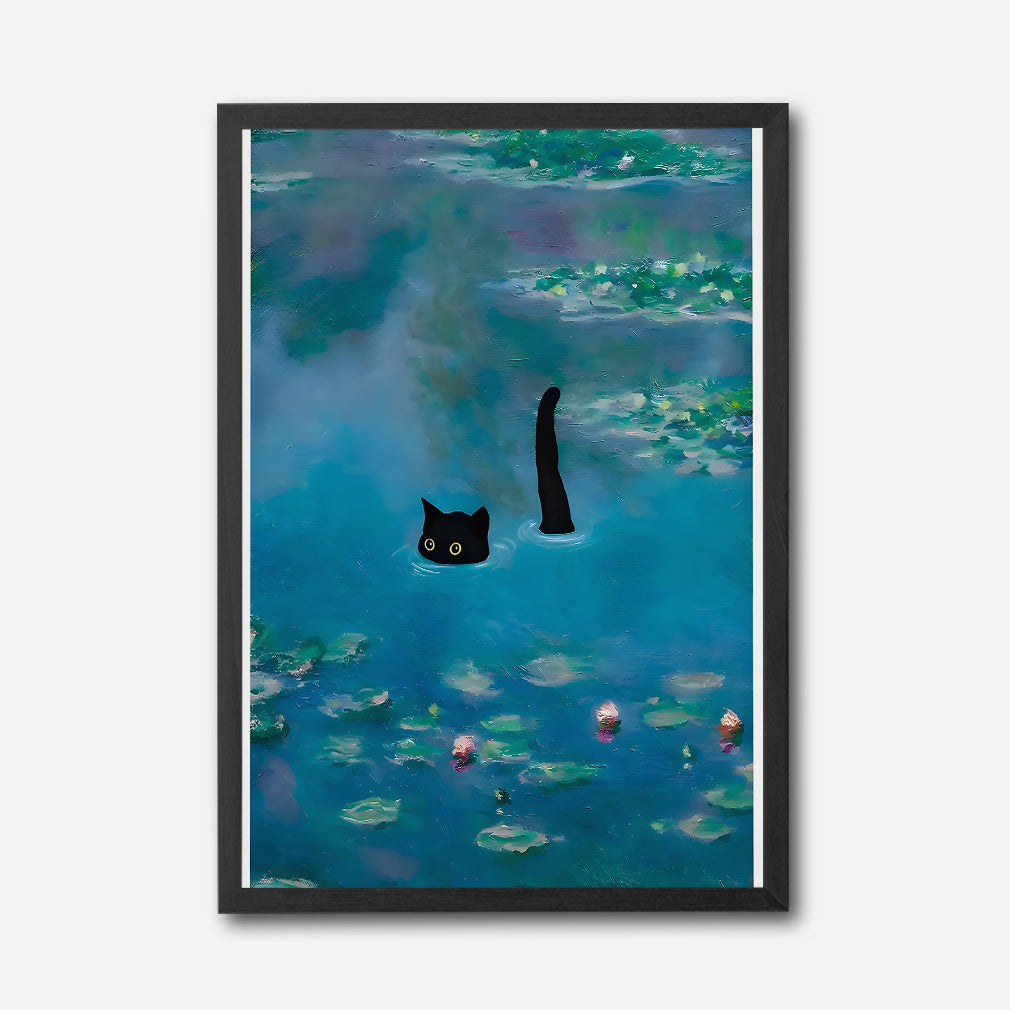 Black Cat in Water, Contemporary Whimsical Canvas Wall Art, Cute Animal Decor, Monet Inspired Lily Pond Artwork, Modern Home Accent