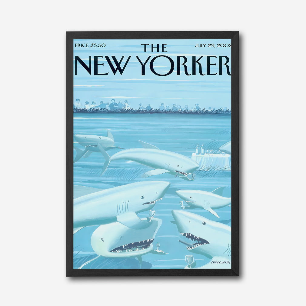 The New Yorker Cover Canvas Wall Art, Shark Illustration, Ocean Humor Decor, Modern Framed Print, Unique Living Room Art