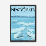 The New Yorker Cover Canvas Wall Art, Shark Illustration, Ocean Humor Decor, Modern Framed Print, Unique Living Room Art