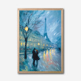 Paris Romance at Night Canvas Wall Art, Eiffel Tower Cityscape Painting, Impressionist Couple Under Streetlights, Modern Home Decor