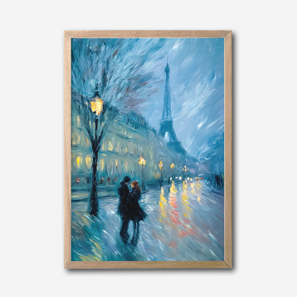 Paris Romance at Night Canvas Wall Art, Eiffel Tower Cityscape Painting, Impressionist Couple Under Streetlights, Modern Home Decor