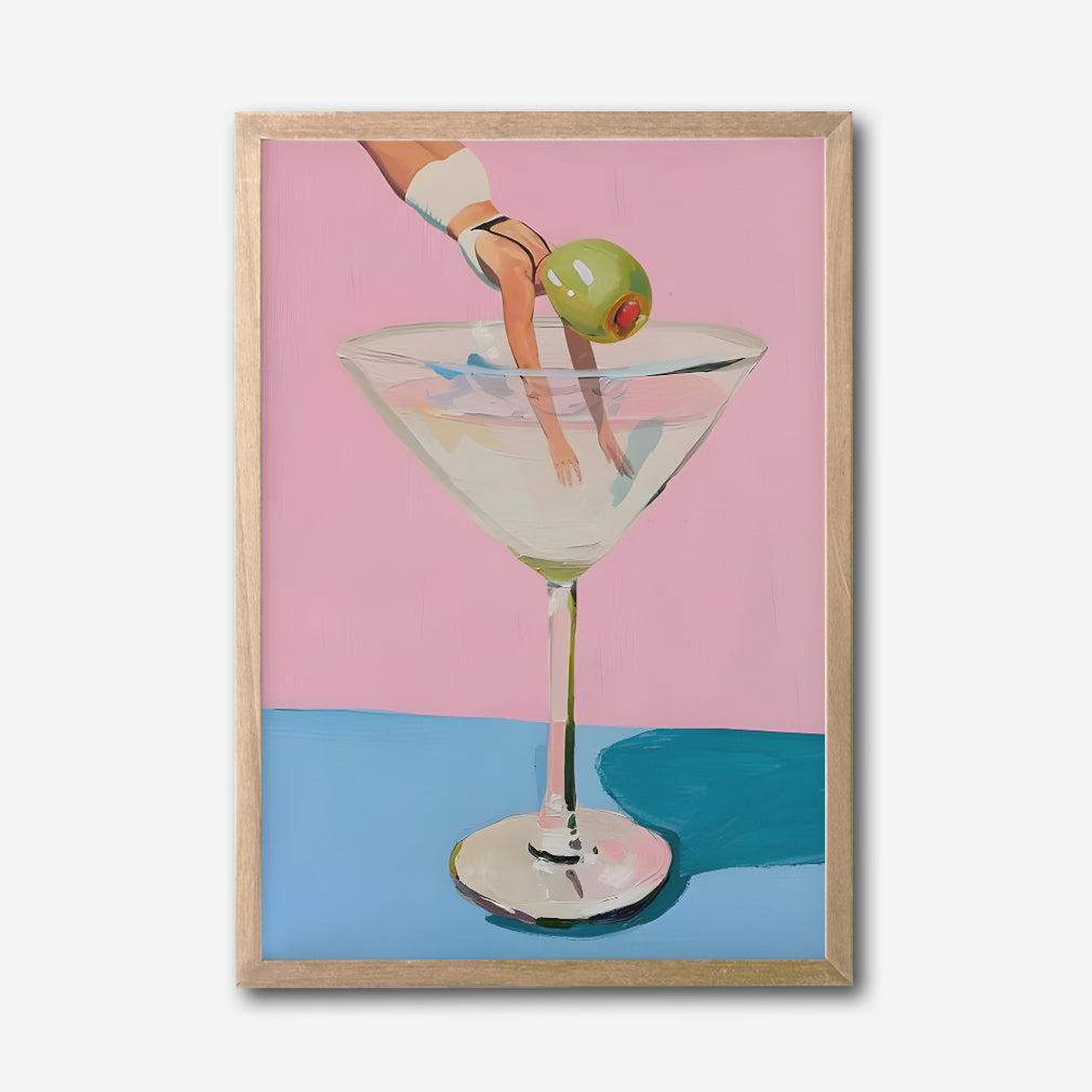 Diver Martini Canvas Wall Art, Modern Surreal Cocktail Painting, Whimsical Home Decor, Pink and Blue Art Print, Framed Art for Living Room or Bar
