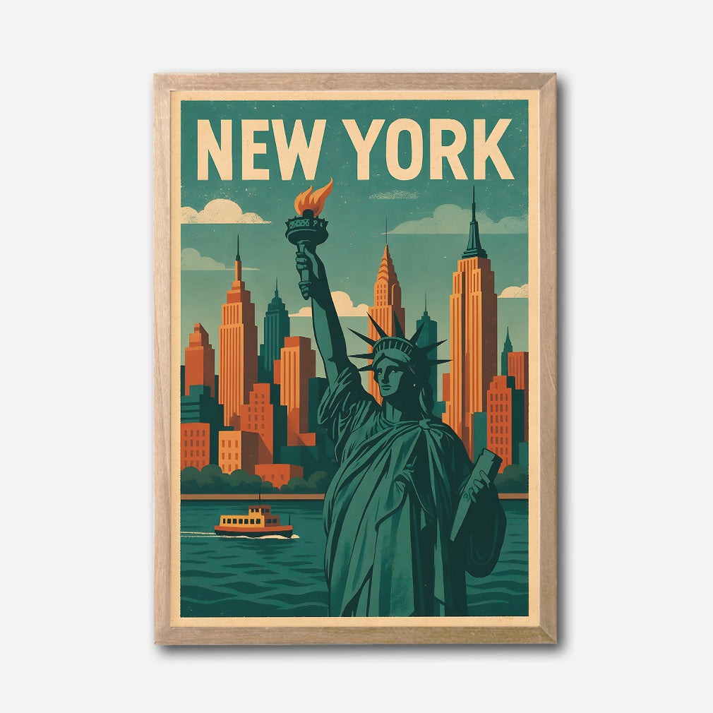 New York Skyline Canvas Wall Art, Statue of Liberty Wall Decor, Retro Cityscape Artwork, Modern Urban Home Accent