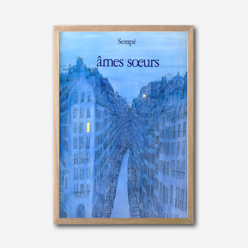 Paris Blue Cityscape Canvas Wall Art, Sempé Illustration, French Street Decor, Soulmates Wall Print, Urban Romantic Gift, Modern Home Accent