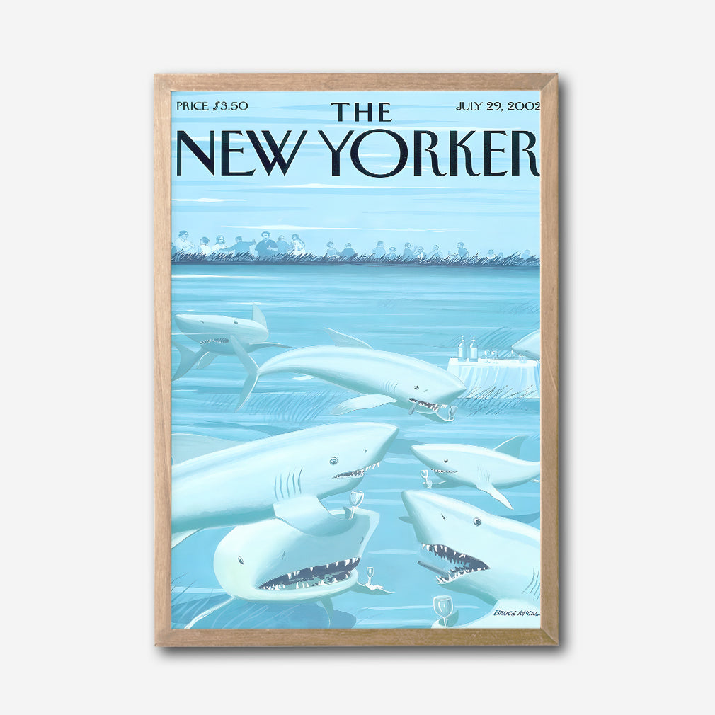 The New Yorker Cover Canvas Wall Art, Shark Illustration, Ocean Humor Decor, Modern Framed Print, Unique Living Room Art