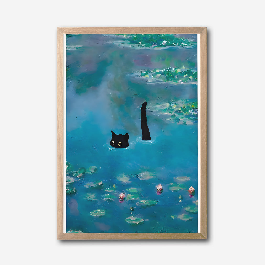Black Cat in Water, Contemporary Whimsical Canvas Wall Art, Cute Animal Decor, Monet Inspired Lily Pond Artwork, Modern Home Accent