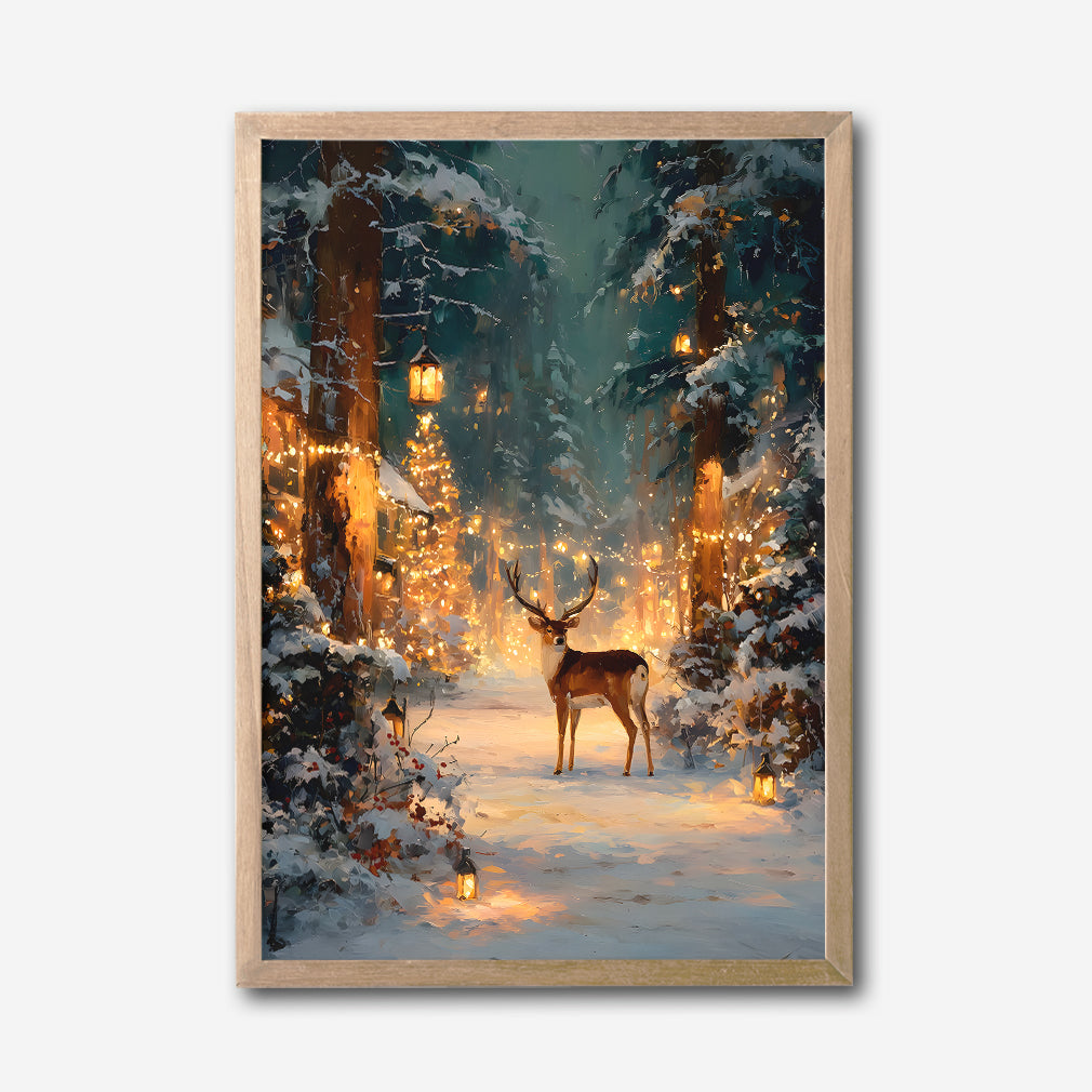 Enchanted Winter Forest with Deer, Holiday Lights, Canvas Wall Art, Snowy Woodland Scene, Festive Christmas Home Decor, Framed Modern Artwork