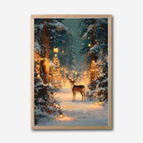 Enchanted Winter Forest with Deer, Holiday Lights, Canvas Wall Art, Snowy Woodland Scene, Festive Christmas Home Decor, Framed Modern Artwork