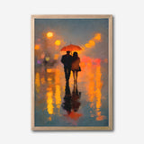 Romantic Couple Under Red Umbrella Canvas Wall Art, City Lights Abstract Painting, Modern Home Decor, Framed Artwork for Living Room or Bedroom