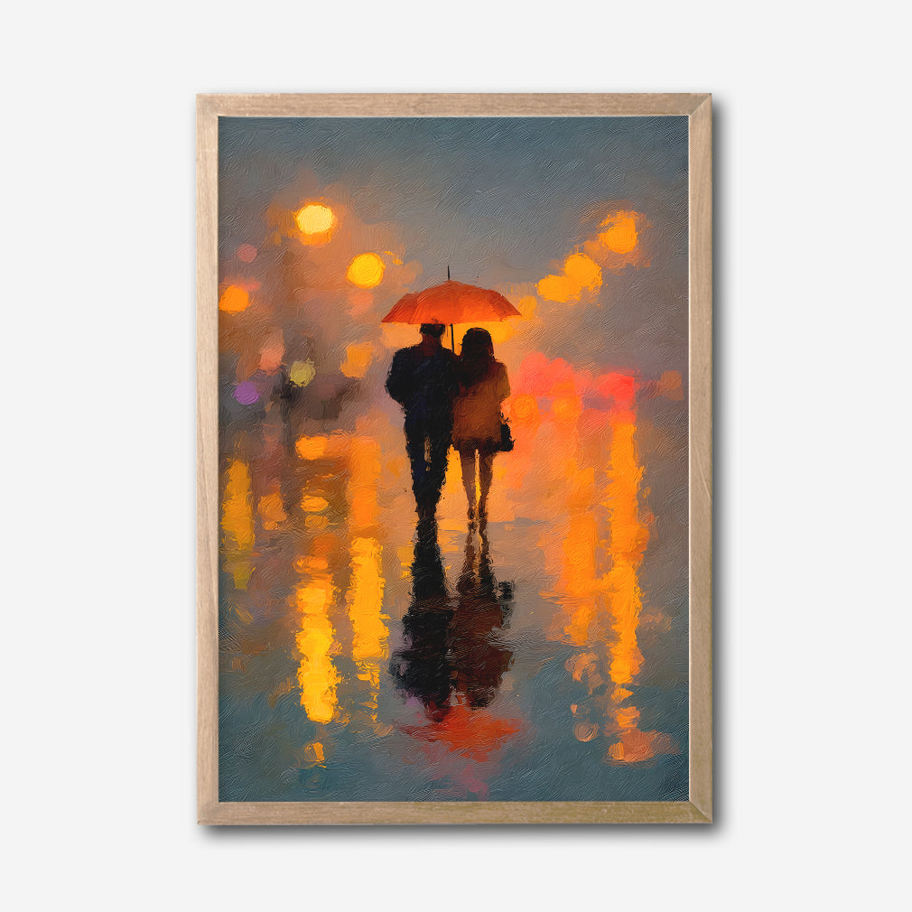 Romantic Couple Under Red Umbrella Canvas Wall Art, City Lights Abstract Painting, Modern Home Decor, Framed Artwork for Living Room or Bedroom