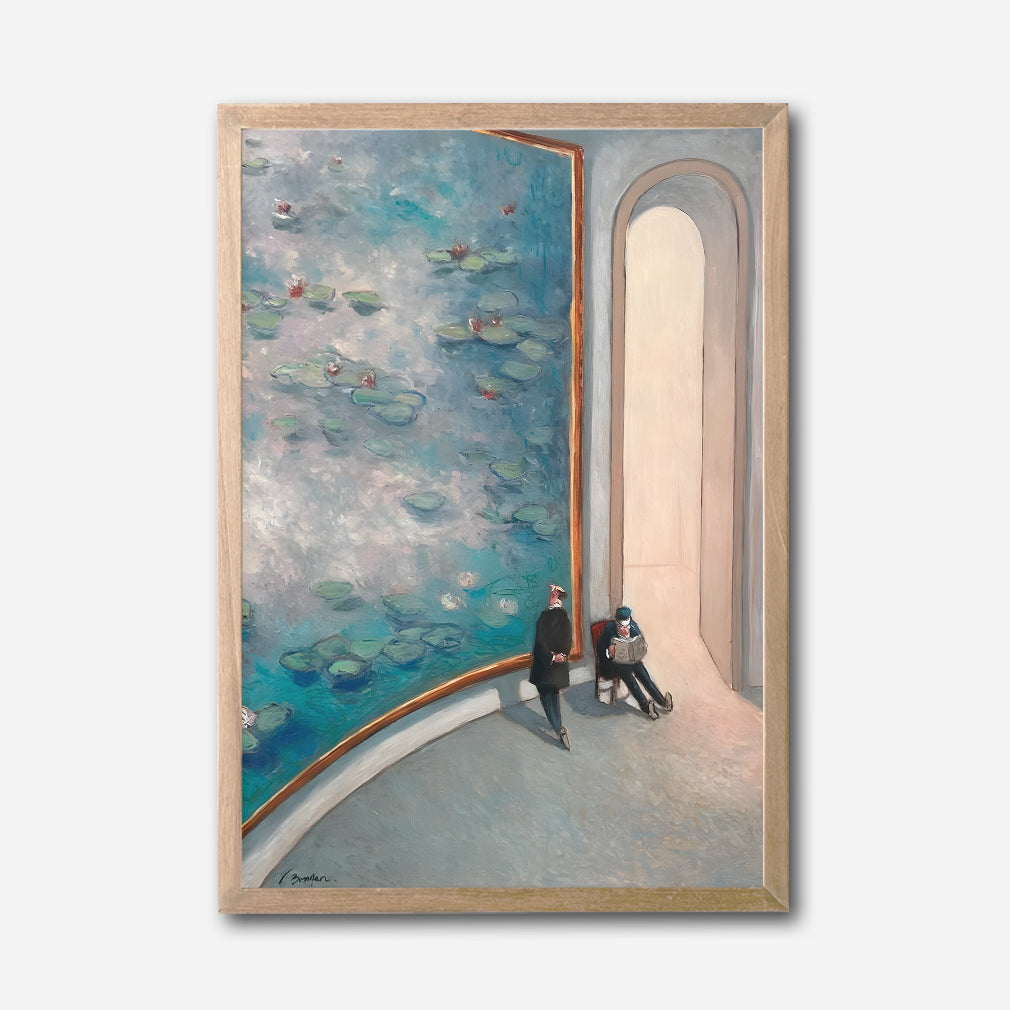 Gallery Room Scene with Large Water Lilies Canvas Wall Art, Modern Art Museum Decor, Impressionist Inspired Wall Art, Framed Home Decoration