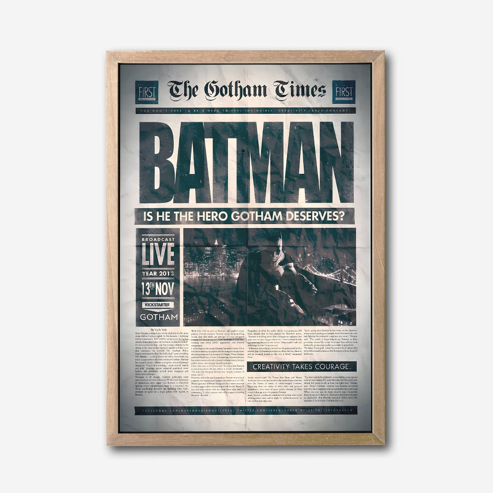 Batman Newspaper Poster Canvas Wall Art, Gotham Times Headline Print, Superhero Room Decor, Modern Comic Art, Framed Home Office Wall Decoration