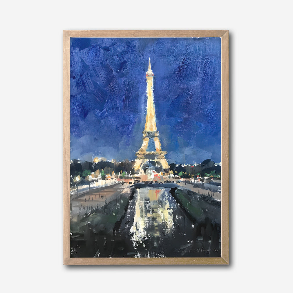 Eiffel Tower at Night Canvas Wall Art, Paris Landmark Painting, Impressionist Cityscape, Blue and Gold Modern Home Decor, Framed Artwork for Living Room or Bedroom