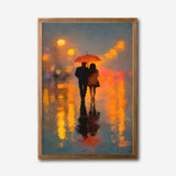 Romantic Couple Under Red Umbrella Canvas Wall Art, City Lights Abstract Painting, Modern Home Decor, Framed Artwork for Living Room or Bedroom