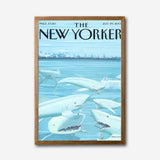 The New Yorker Cover Canvas Wall Art, Shark Illustration, Ocean Humor Decor, Modern Framed Print, Unique Living Room Art