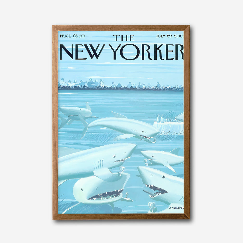 The New Yorker Cover Canvas Wall Art, Shark Illustration, Ocean Humor Decor, Modern Framed Print, Unique Living Room Art