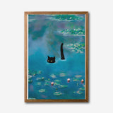 Black Cat in Water, Contemporary Whimsical Canvas Wall Art, Cute Animal Decor, Monet Inspired Lily Pond Artwork, Modern Home Accent