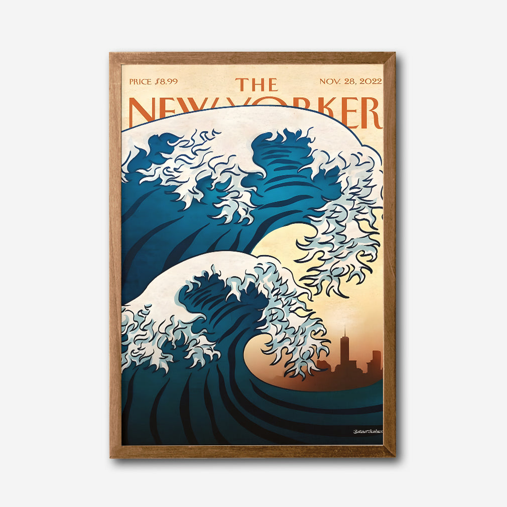 The New Yorker Magazine Cover Canvas Wall Art, Great Wave Modern Ocean Print, Japanese Art Inspired, Framed Ready to Hang, Blue Sea Wall Decor, Living Room Office Home Decoration