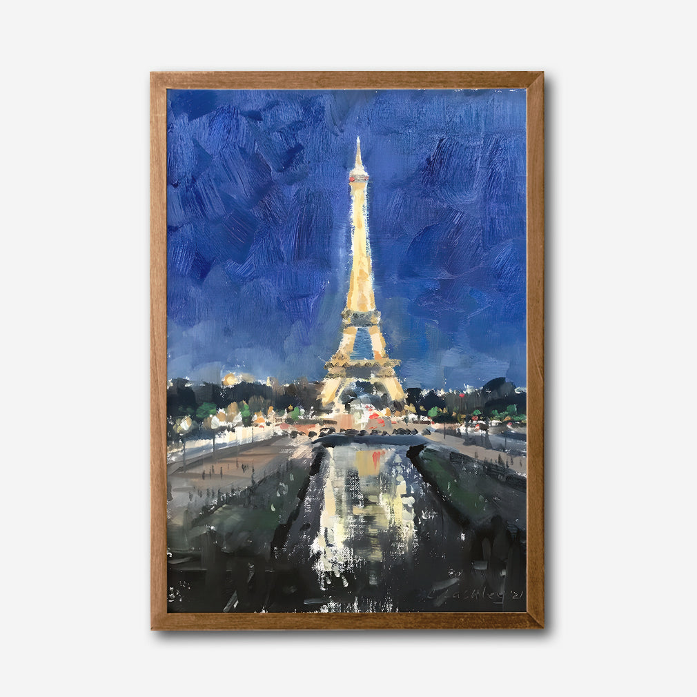 Eiffel Tower at Night Canvas Wall Art, Paris Landmark Painting, Impressionist Cityscape, Blue and Gold Modern Home Decor, Framed Artwork for Living Room or Bedroom