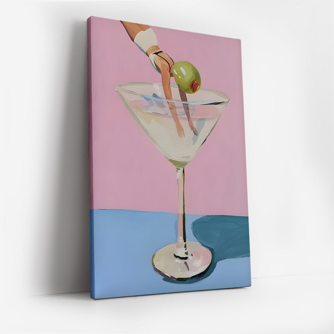 Diver Martini Canvas Wall Art, Modern Surreal Cocktail Painting, Whimsical Home Decor, Pink and Blue Art Print, Framed Art for Living Room or Bar
